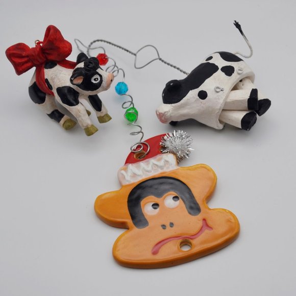 Set of 3 Cow Christmas Tree Vintage Ornaments Wood, Porcelain, Ceramic - Picture 2 of 11